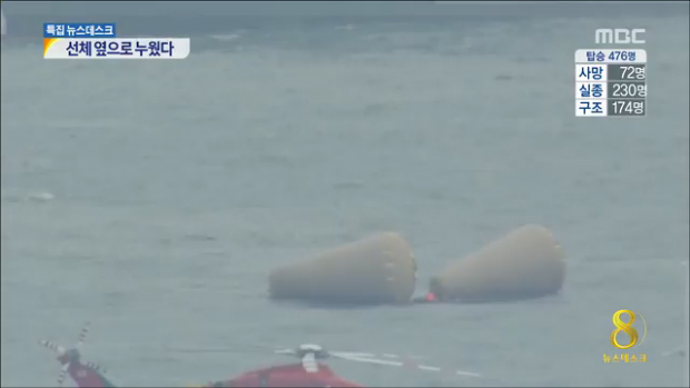 수면 아래 자취 감춘 세월호 선체 좌측 해저 바닥에 닿아