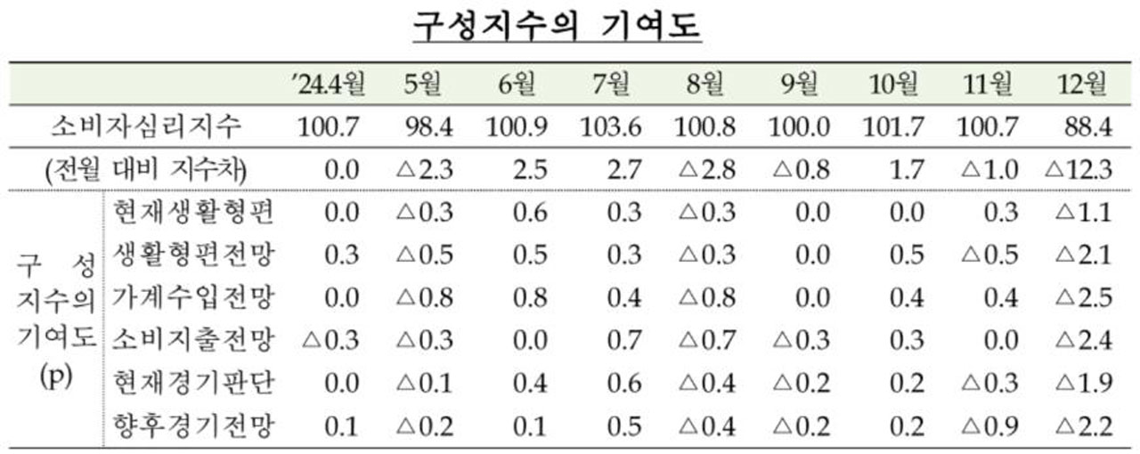 12월 소비심리지수 12.3P '뚝'‥내란 사태로 코로나19 이후 최대 폭 악화