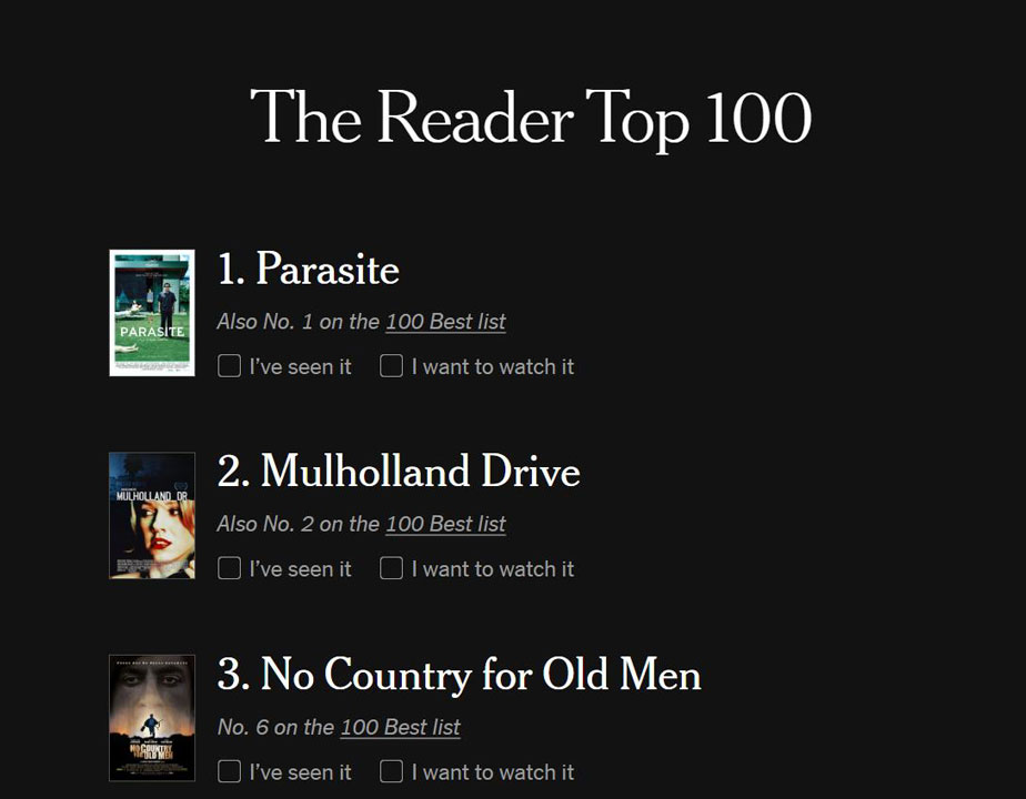 봉준호 '기생충', NYT 독자가 뽑은 '21세기 최고영화'도 1위