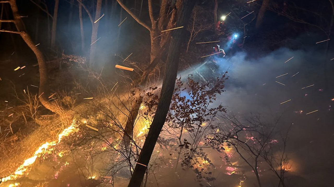 경남 함양군 마천면 산불 '대응 1단계'.."강한 바람에 진화 어려움"