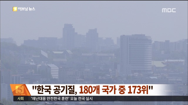 "한국 공기 질 180개 국가 중 173위 최하위권"