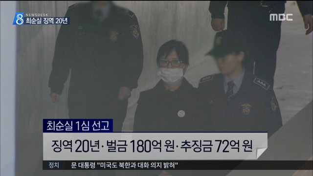 국정농단 주범 최순실 1심서 징역 20년 선고