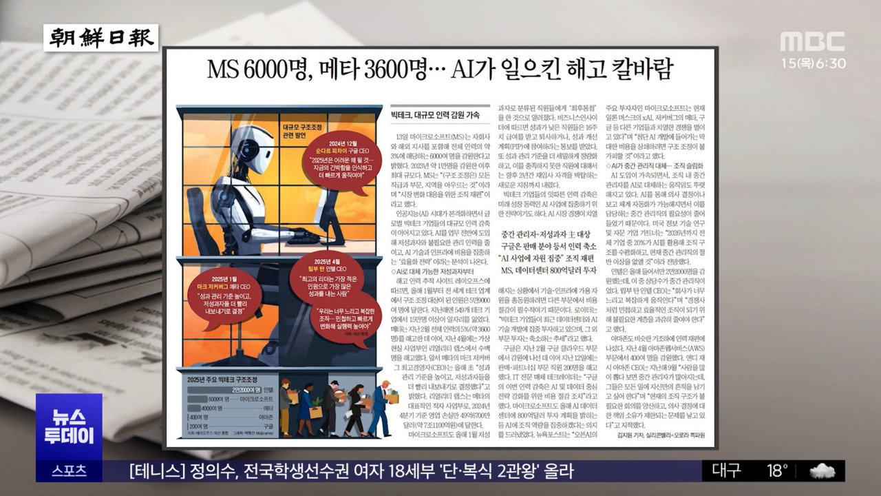 오늘 아침 신문 MS 6000명 메타 3600명AI가 일으킨 해고 칼바람