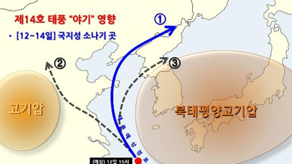 14호 태풍 야기 서해 통과해 북한으로 갈 가능성 유력