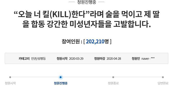 '여중생 집단 성폭행' 엄벌 요구 국민청원 20만명 동의