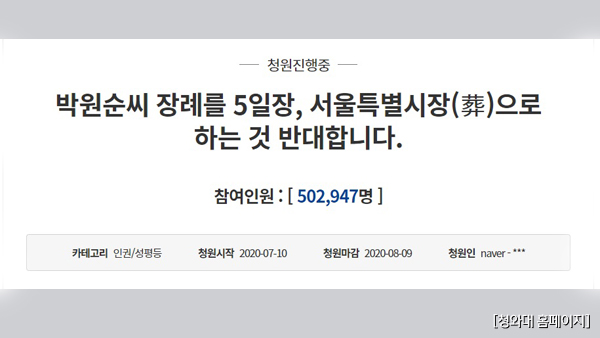박원순 서울특별시장 반대 청와대 국민청원 50만 명 이상 동의