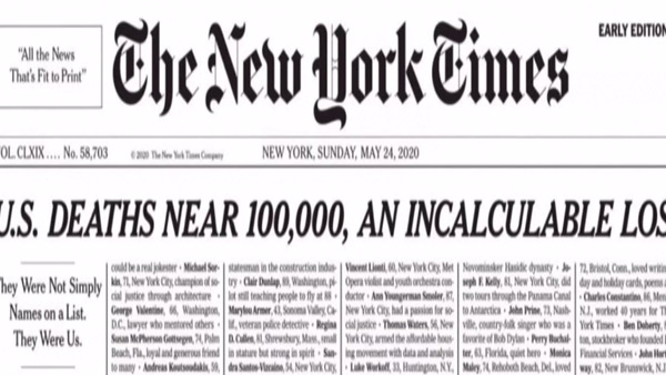 코로나 사망 1천명 이름 빼곡한 뉴욕타임스 1면…"이들이 우리"