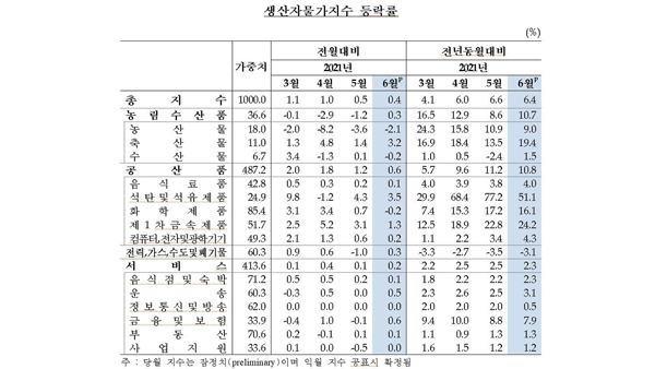 6월 생산자물가 전월 대비 8개월째 상승