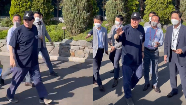 윤 대통령, 청와대 깜짝 방문‥천안함 티셔츠에 모자 