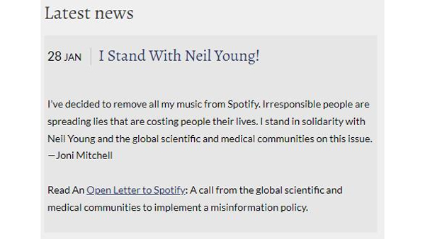 닐 영·조니 미첼, 스포티파이 보이콧 선언한 이유는?