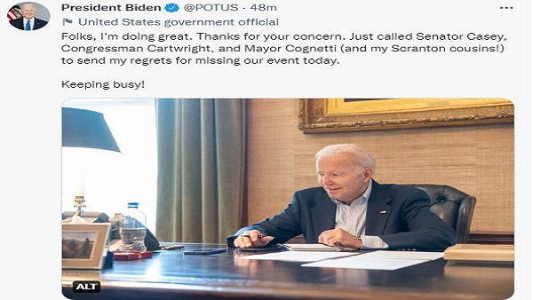 코로나 감염된 바이든 "잘 지낸다"며 웃으며 일하는 사진 트윗