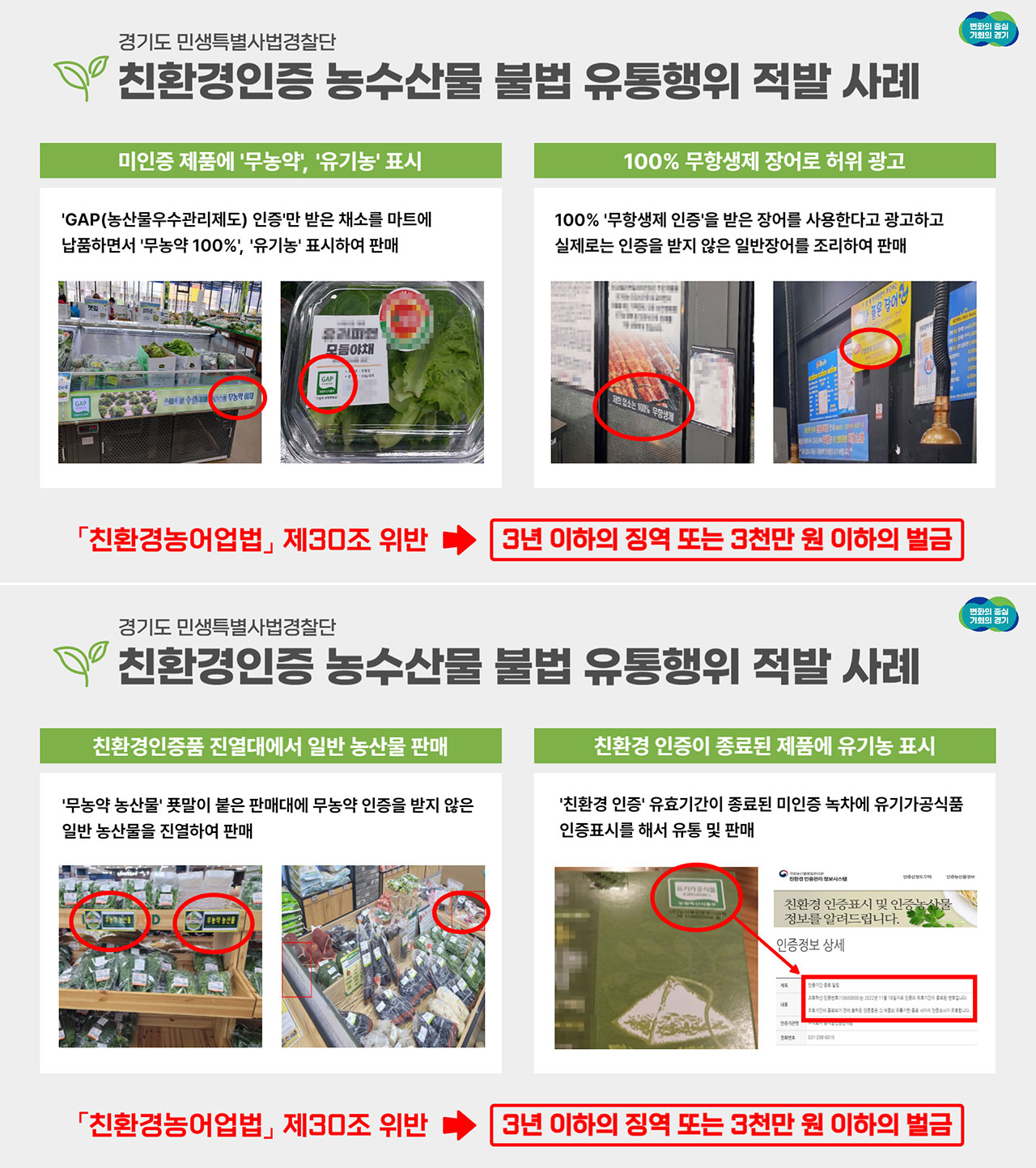 '친환경 농수산물인 척' 제품 판매한 업체 43곳 적발
