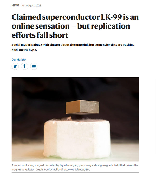네이처 "상온 초전도체 LK-99 재현 성과 미흡"‥학계회의론 소개