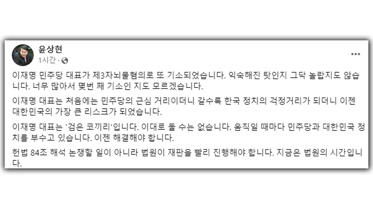 국민의힘, 이재명 기소에 "대한민국 최대 리스크‥사법부 시계 못 멈출 것"