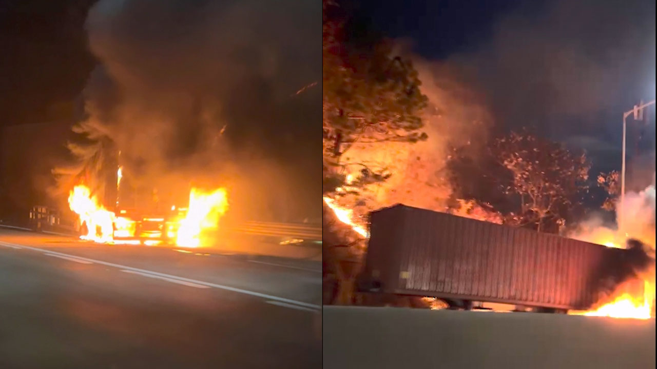 경남 북창원IC 인근서 컨테이너 운반 차량에 불‥인명피해 없어