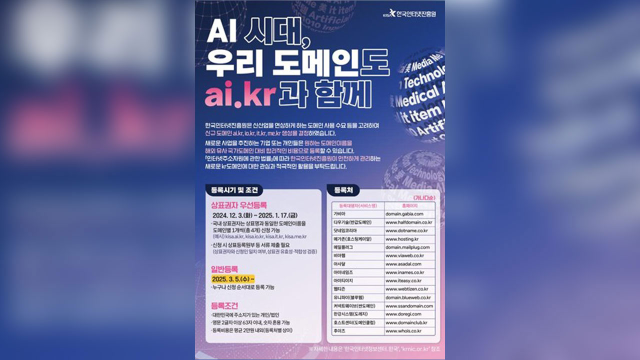 새 국가도메인 'ai.kr, it.kr, io.kr, me.kr' 일반등록 접수
