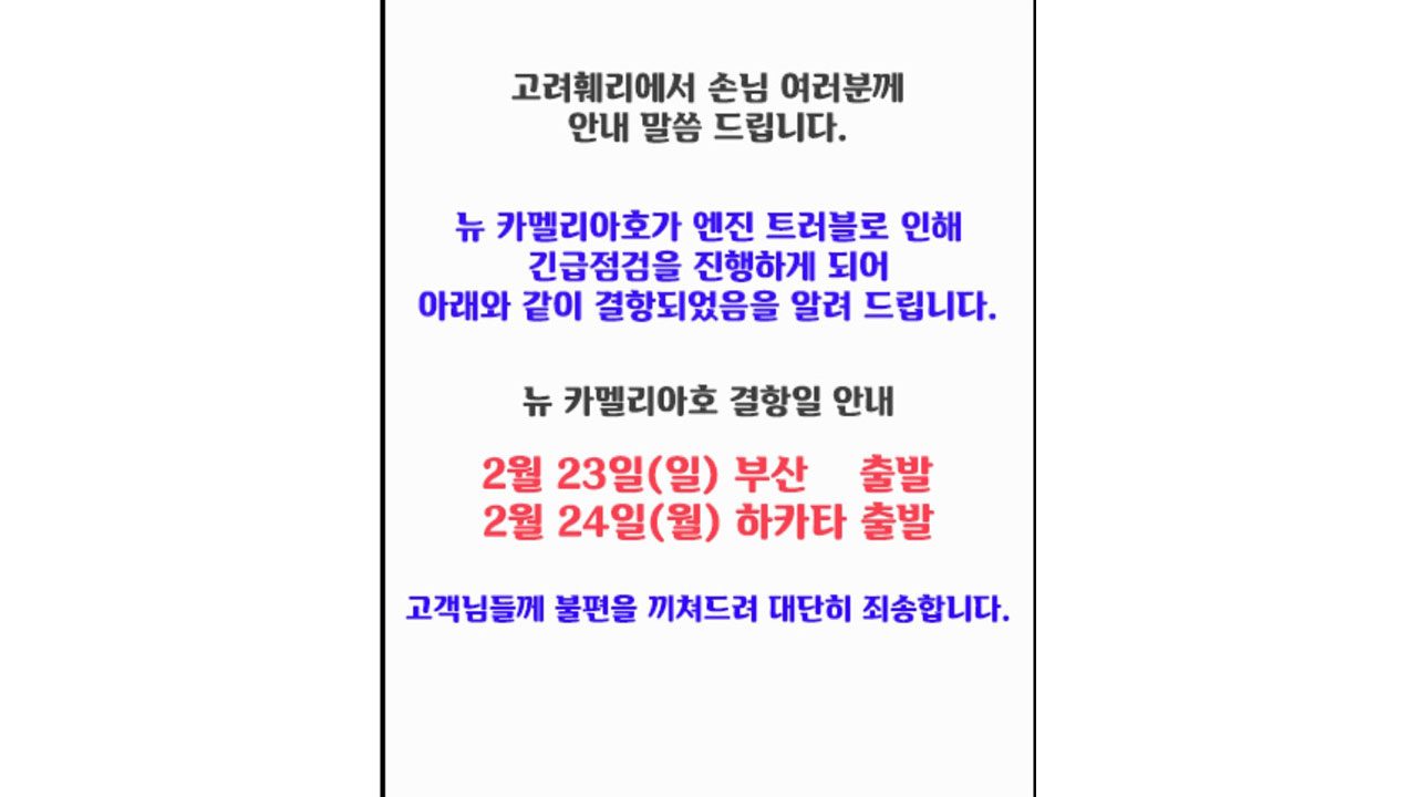 후쿠오카-부산 여객선 결항으로 승객 4백 명 불편‥"엔진 문제로 회항"