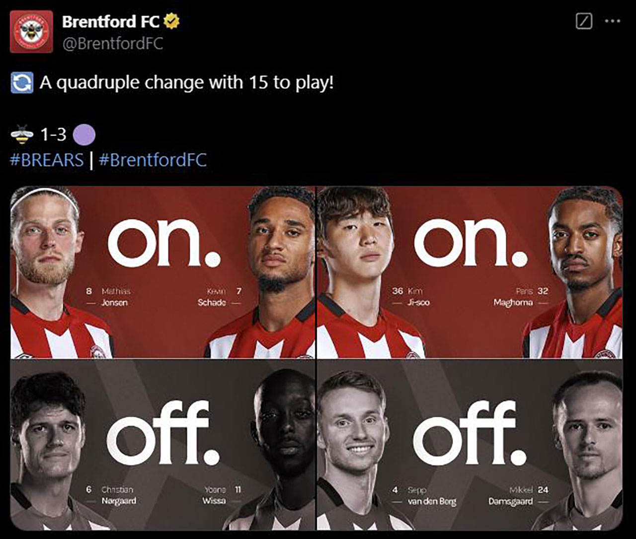 김지수 EPL 2경기 연속 교체 출전‥브렌트퍼드, 아스널에 1-3 패