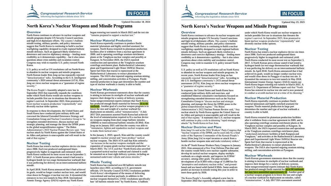 "북한 생산 핵분열물질, 탄두 90개 분량‥조립은 약 50개 추정"