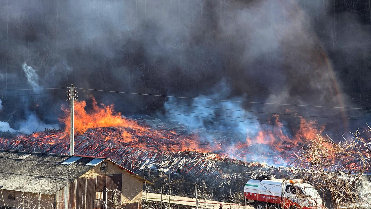 경북 청송 목재공장에서 화재‥건조한 날씨 탓 진화에 어려움