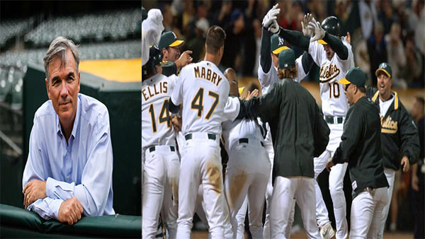 빌리 빈 오클랜드 단장(왼쪽), 2002년 오클랜드의 20연승에 기뻐하는 선수들(오른쪽)