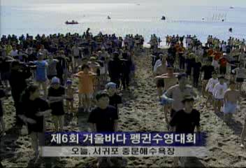 눈내린 한라산겨울바다 펭귄수영대회 사람들 새해 각오김연선