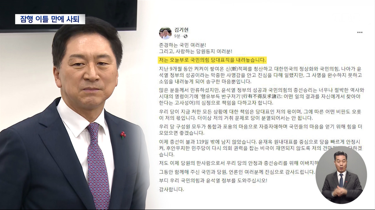 김기현 잠행 이틀 만에 사퇴 선언 "더 이상 당 분열 안 돼"