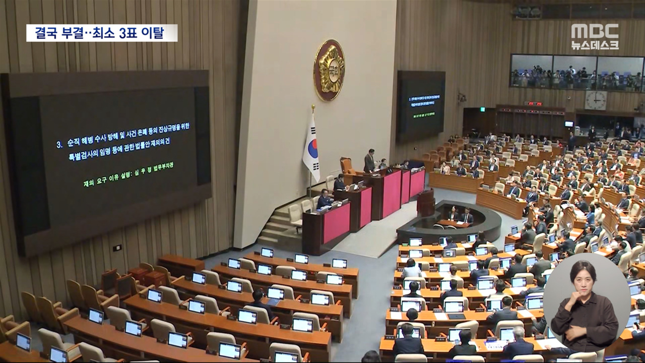 '채상병 특검법' 6표 모자라 '부결'국민의힘에서 3명 찬성한 듯