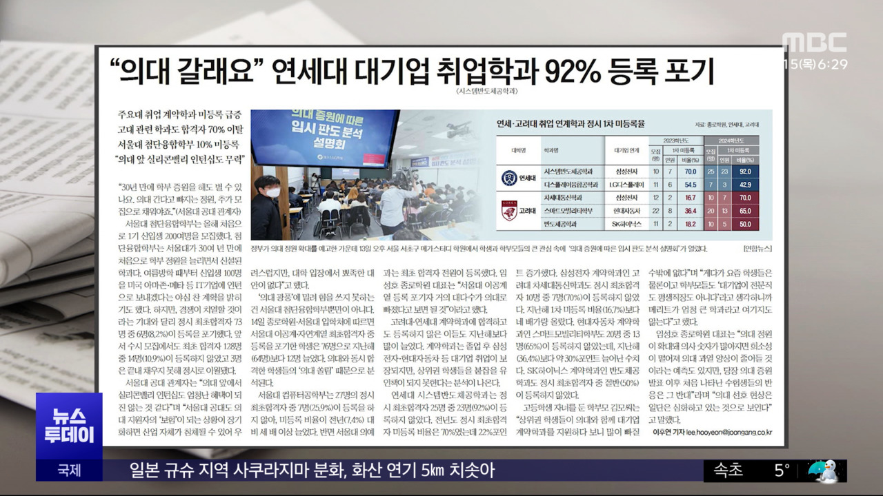 오늘 아침 신문 "의대 갈래요" 연세대 대기업 취업학과 92 등록 포기