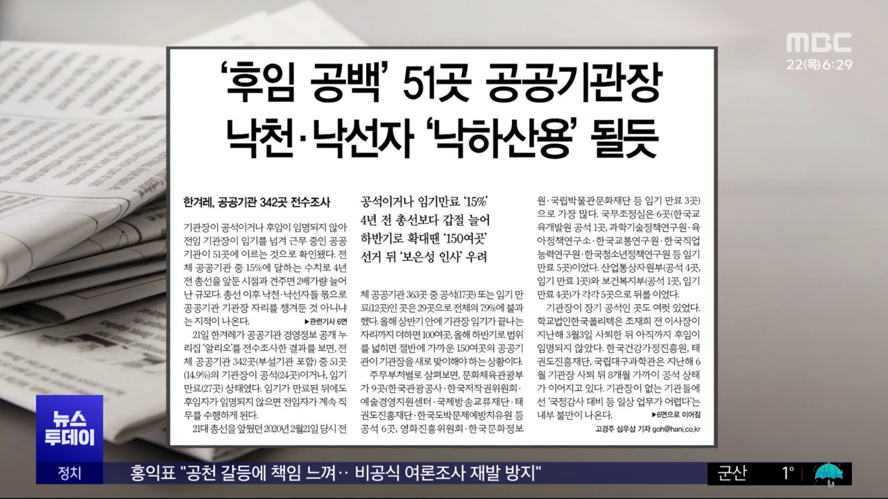 오늘 아침 신문 후임 공백 51곳 공공기관장 낙천낙선자 낙하산용 될 듯
