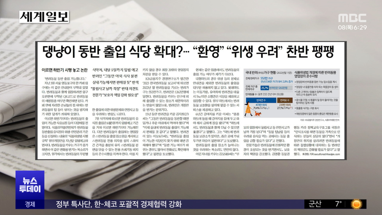 오늘 아침 신문 댕냥이 동반 출입 식당 확대"환영" "위생 우려" 찬반 팽팽