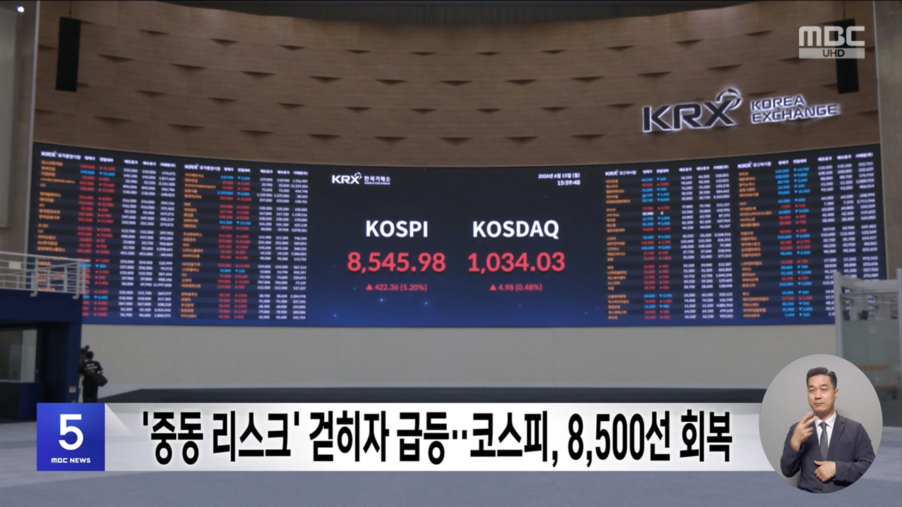 중동 리스크 걷히자 급등코스피 8500선 회복